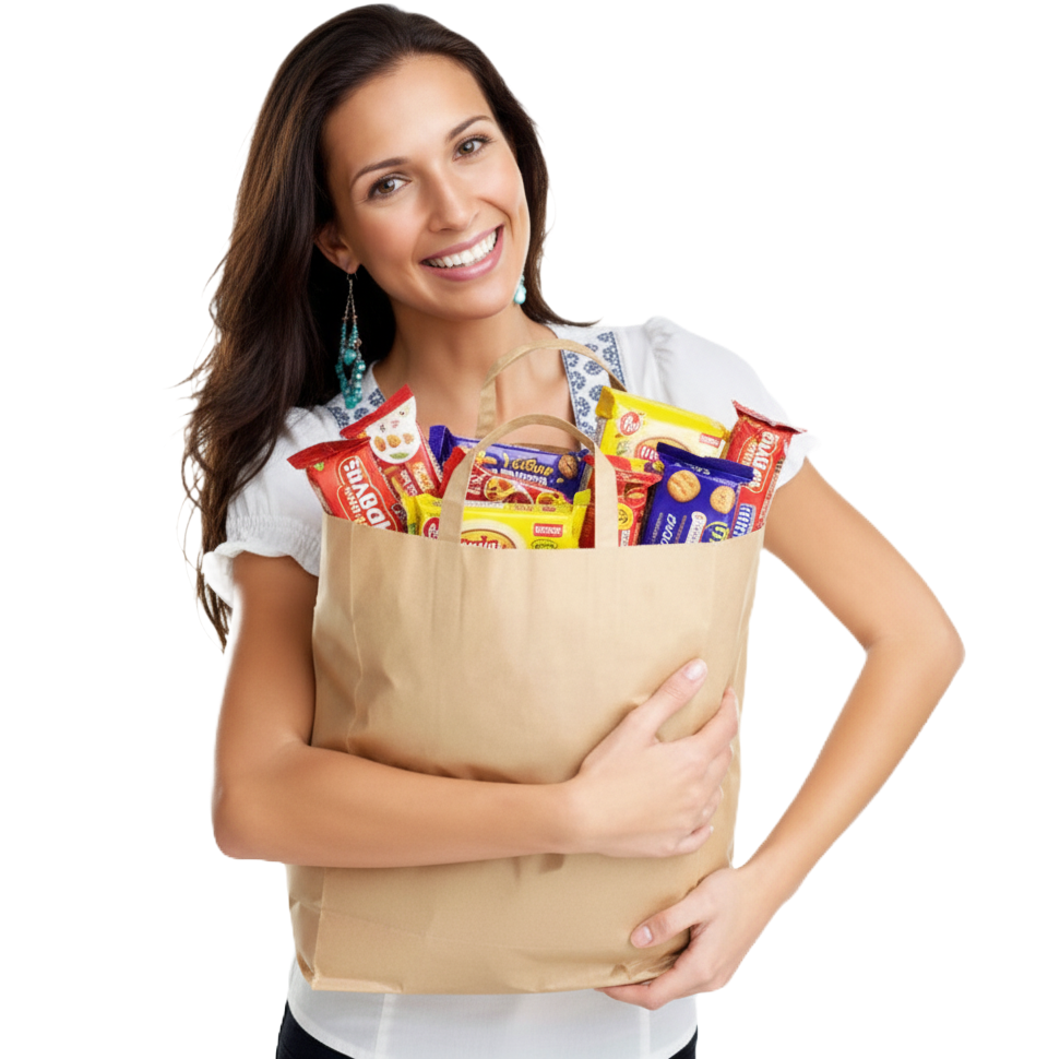 Happy woman holding grocery bag